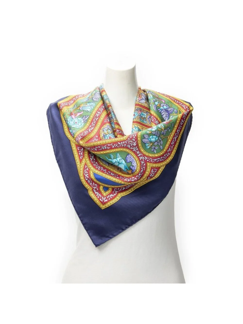 Hermes Scarf Navy Red 100% Gold Twill Silk